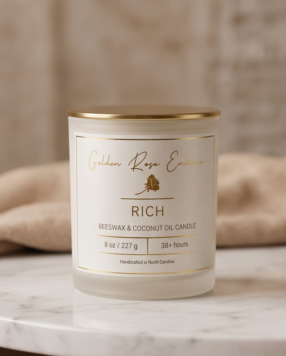 Rich 8oz Beeswax Candle.
Frosted glass, metallic gold lid, and woodwick.
Notes of Citrus, Cardamom, Palo Santo, Saffron, Violet, Wood, Sandalwood, Smoke, Amber.

A spicy warm woody scent infused with citrus, saffron, amber, violet & sandalwood. A luxurious rich fragrance that creates an inviting and sensual experience.

Custom beeswax candle blended with organic coconut oil and fragrances infused with clean nontoxic fragrance and natural essential oils. 