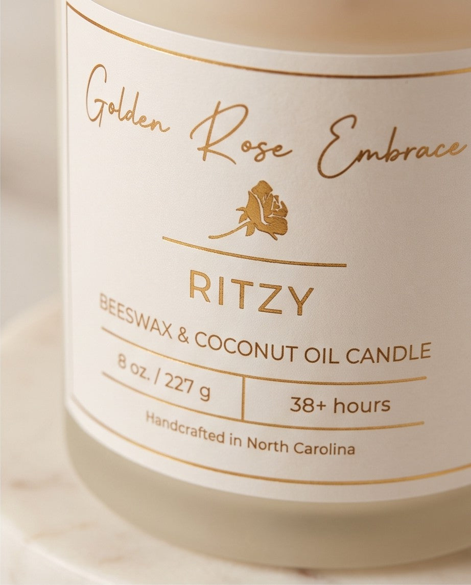Ritzy 8oz Beeswax Candle. Frosted glass jar. Bronze Metallic Lid. Wood Wick.
Notes of fresh Bergamot, Orange Peel, Chamomile Petals, Marine, Camphor, Pineapple, Matcha, Rosewater, Lavender, Bamboo, Green Tea, Geranium, Dark Musk, Vetiver, Amber, Santal Woods, Cedar.
Frosted glass jar, bronze lid, wood wick.
Paraffin-free, Paraben-free, Phthalate-free, Carcinogen-free, Mutagen-free, Cruelty-free clean nontoxic beeswax candle.