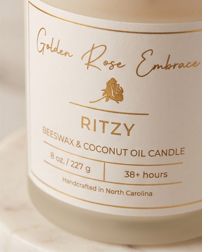 Ritzy 8oz Beeswax Candle. Frosted glass jar. Bronze Metallic Lid. Wood Wick.
Notes of fresh Bergamot, Orange Peel, Chamomile Petals, Marine, Camphor, Pineapple, Matcha, Rosewater, Lavender, Bamboo, Green Tea, Geranium, Dark Musk, Vetiver, Amber, Santal Woods, Cedar.
Frosted glass jar, bronze lid, wood wick.
Paraffin-free, Paraben-free, Phthalate-free, Carcinogen-free, Mutagen-free, Cruelty-free clean nontoxic beeswax candle.