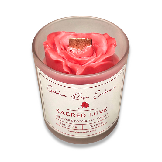 Sacred Love Beeswax Candles, Beeswax, woodwick  candles,  frosted glass jar, rose embed,  red and white , dark rose amber frankincense fragrance