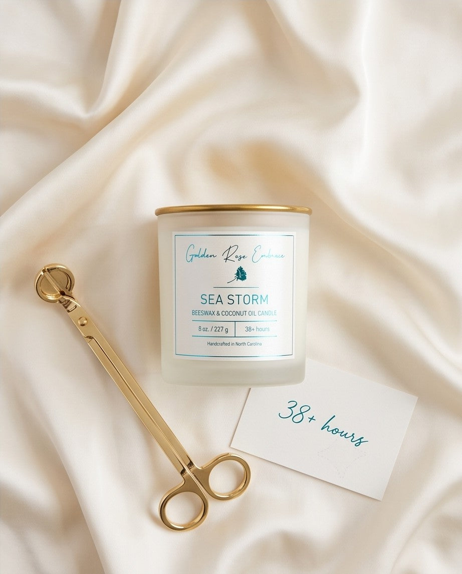 Sea Storm 8oz Beeswax Candle.
Frosted glass, metallic gold lid, and woodwick.
Notes of Ozone, Linen, Eucalyptus, Sea Salt, Freesia, Moss, Powder.

A light and airy scent of clean freshness and crisp linen, freesia, sea salt, eucalyptus, and moss to create a calming and peaceful vibe.

Custom beeswax candle blended with organic coconut oil and fragrances infused with clean nontoxic fragrance and natural essential oils. 