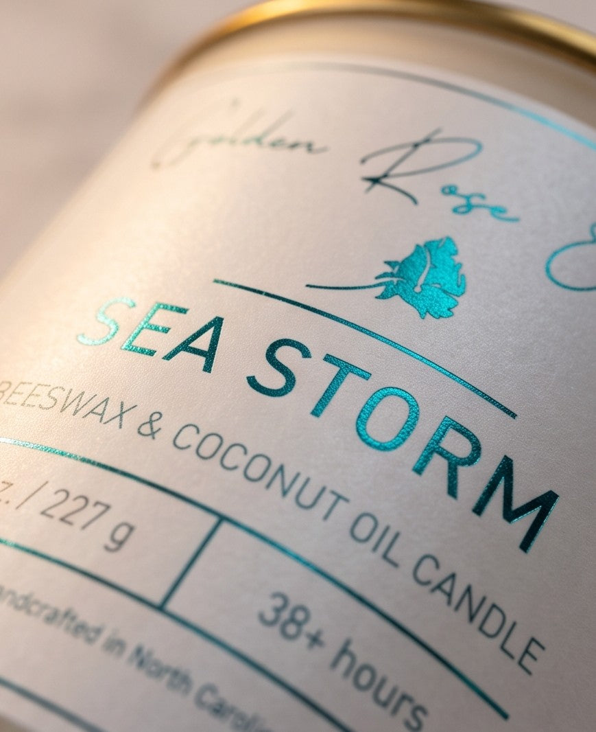 Sea Storm 8oz Beeswax Candle.
Frosted glass, metallic gold lid, and woodwick.
Notes of Ozone, Linen, Eucalyptus, Sea Salt, Freesia, Moss, Powder.

A light and airy scent of clean freshness and crisp linen, freesia, sea salt, eucalyptus, and moss to create a calming and peaceful vibe.

Custom beeswax candle blended with organic coconut oil and fragrances infused with clean nontoxic fragrance and natural essential oils. 