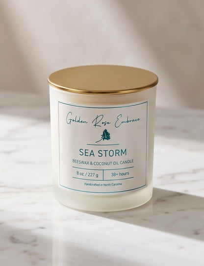 Sea Storm 8oz Beeswax Candle.
Frosted glass, metallic gold lid, and woodwick.
Notes of Ozone, Linen, Eucalyptus, Sea Salt, Freesia, Moss, Powder.

A light and airy scent of clean freshness and crisp linen, freesia, sea salt, eucalyptus, and moss to create a calming and peaceful vibe.

Custom beeswax candle blended with organic coconut oil and fragrances infused with clean nontoxic fragrance and natural essential oils. 