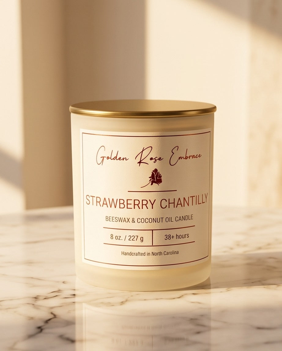 Strawberry Chantilly 8oz Beeswax Candle. 
Frosted glass jar, gold metallic lid, and woodwick. 
Notes of Green Leaves, Lemon, Strawberry, Cream, Sugar, Light Musk
Elevate your space with the mouth-watering aroma of sweet strawberries, creamy vanilla, and zesty lemon. This candle will transport you to the classic Wimbledon experience.
Custom beeswax candle blended with organic coconut oil and fragrances infused with clean nontoxic fragrance and natural essential oils. 