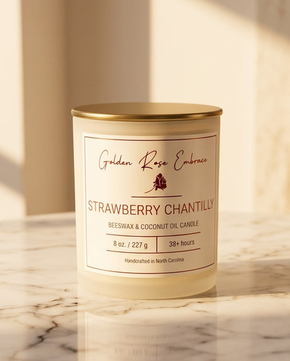 Strawberry Chantilly 8oz Beeswax Candle. 
Frosted glass jar, gold metallic lid, and woodwick. 
Notes of Green Leaves, Lemon, Strawberry, Cream, Sugar, Light Musk
Elevate your space with the mouth-watering aroma of sweet strawberries, creamy vanilla, and zesty lemon. This candle will transport you to the classic Wimbledon experience.
Custom beeswax candle blended with organic coconut oil and fragrances infused with clean nontoxic fragrance and natural essential oils. 