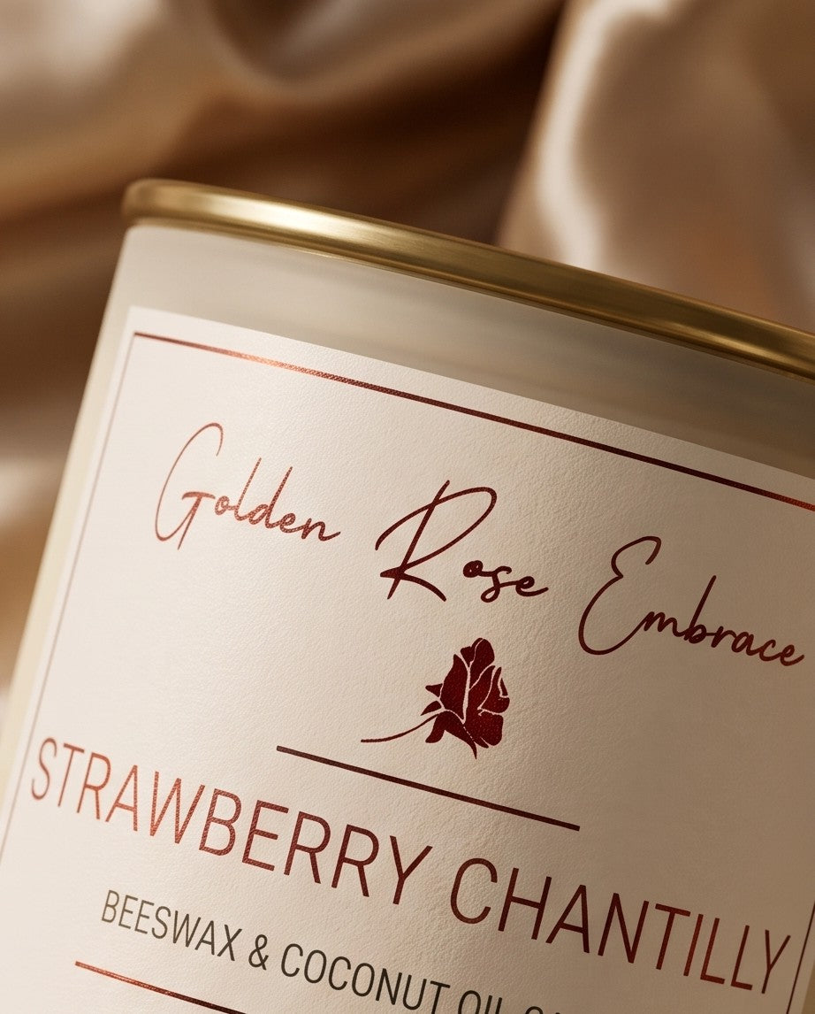 Strawberry Chantilly 8oz Beeswax Candle. 
Frosted glass jar, gold metallic lid, and woodwick. 
Notes of Green Leaves, Lemon, Strawberry, Cream, Sugar, Light Musk
Elevate your space with the mouth-watering aroma of sweet strawberries, creamy vanilla, and zesty lemon. This candle will transport you to the classic Wimbledon experience.
Custom beeswax candle blended with organic coconut oil and fragrances infused with clean nontoxic fragrance and natural essential oils. 
