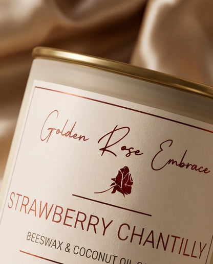 Strawberry Chantilly 8oz Beeswax Candle. 
Frosted glass jar, gold metallic lid, and woodwick. 
Notes of Green Leaves, Lemon, Strawberry, Cream, Sugar, Light Musk
Elevate your space with the mouth-watering aroma of sweet strawberries, creamy vanilla, and zesty lemon. This candle will transport you to the classic Wimbledon experience.
Custom beeswax candle blended with organic coconut oil and fragrances infused with clean nontoxic fragrance and natural essential oils. 