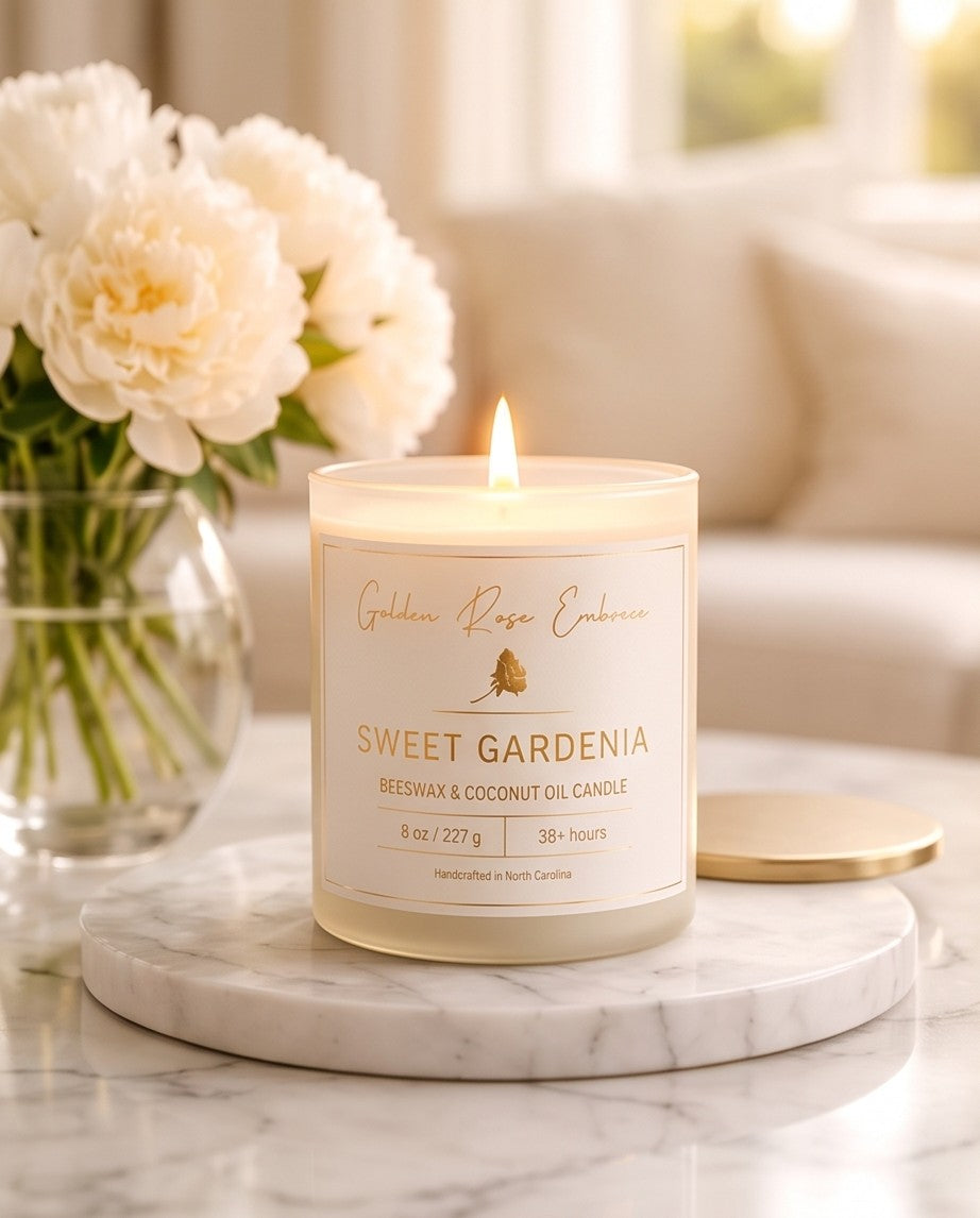 Notes of gardenia, lemon peel, tuberose, green floral, and Jasmine, powder.
A complex, indulgent fragrance crafted for quiet moments in your flower garden. It opens with tropical white florals, gardenia and Jasmine, then the lemon peel, finished with a soft powdery depth to an earthy floral.

Our candles are crafted using clean and non-toxic ingredients, ensuring a luxurious experience with captivating scents and embracing aromas. 
Frosted glass jar, gold lid. 