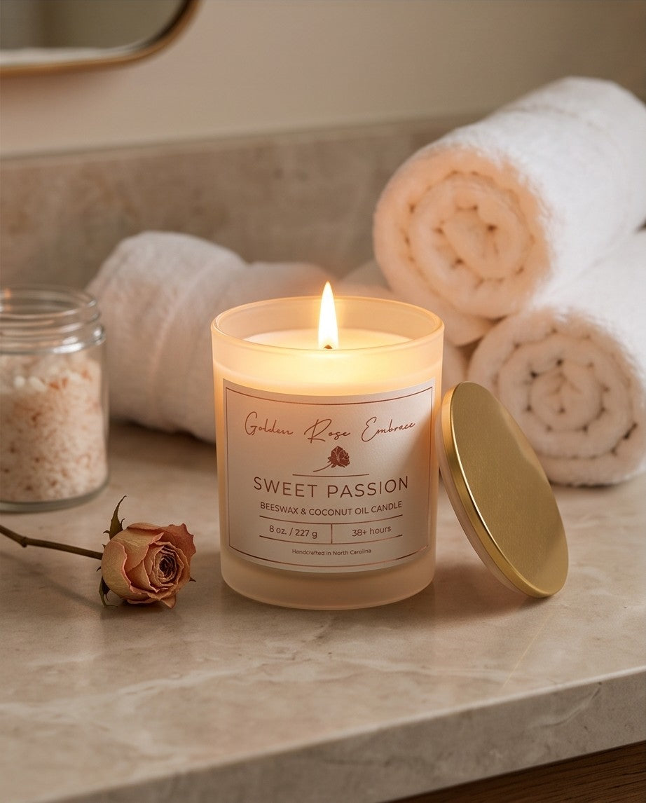 Sweet Passion tropical beeswax candle with pineapple peach passionfruit mango and coconut — Golden Rose Embrace Charlotte NC