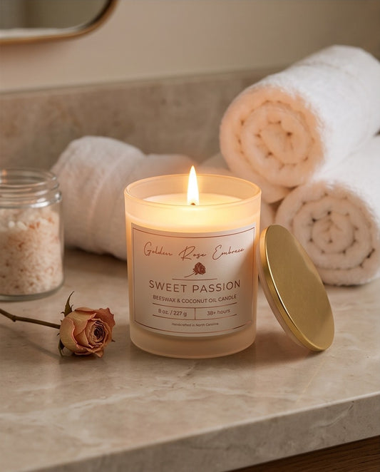 Sweet Passion tropical beeswax candle with pineapple peach passionfruit mango and coconut — Golden Rose Embrace Charlotte NC