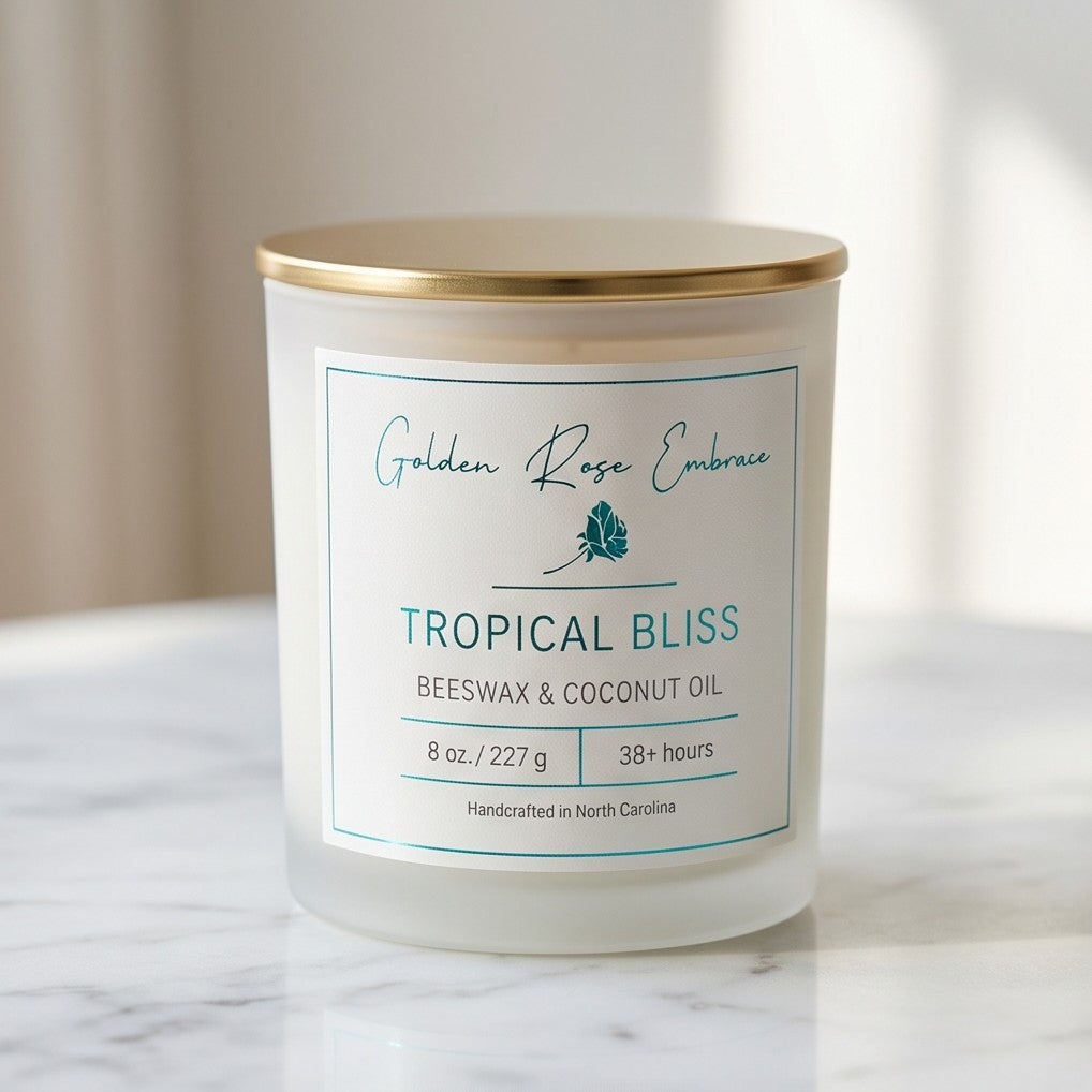 Tropical Bliss 8oz Beeswax Candle. 
Frosted glass jar, Gold metallic lid. Woodwick. 
Notes of Mango, Orange, Pineapple, Blood Orange, Peach, Banana, Apple, Coconut, Tonka, Vanilla, Green, Rose, Jasmine, Violet, Lavender, Resin, Musk, Paprika, Red Pepper, Pimento Leaf, Black Tea, Teakwood, Vetiver, and Golden Amber. A heavenly tropical aroma of guava, passionfruit, mango, pineapple, and coconut. Custom beeswax candle blended with organic coconut oil and nontoxic fragrances and essential oils.