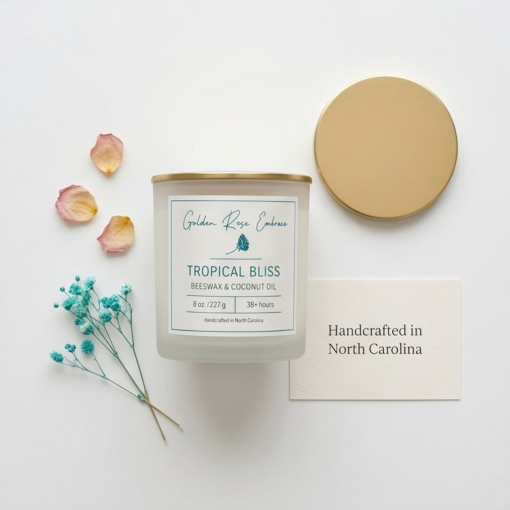 Tropical Bliss 8oz Beeswax Candle. 
Frosted glass jar, Gold metallic lid. Woodwick. 
Notes of Mango, Orange, Pineapple, Blood Orange, Peach, Banana, Apple, Coconut, Tonka, Vanilla, Green, Rose, Jasmine, Violet, Lavender, Resin, Musk, Paprika, Red Pepper, Pimento Leaf, Black Tea, Teakwood, Vetiver, and Golden Amber. A heavenly tropical aroma of guava, passionfruit, mango, pineapple, and coconut. Custom beeswax candle blended with organic coconut oil and nontoxic fragrances and essential oils.
