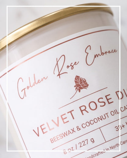 Velvet Rose Dior 8oz Beeswax Candle.
Frosted glass, metallic gold lid, and wood wick.
Notes of Pink Peppercorn, Grapefruit, Plum, Black Rose, Cumin, Vanilla, Patchouli, and Labdanum.
A truly luxurious captivating scent that evokes passion with its dark rose scent and warm, embracing aroma.
Custom beeswax candle blended with organic coconut oil and fragrances infused with clean nontoxic fragrance and natural essential oils. 