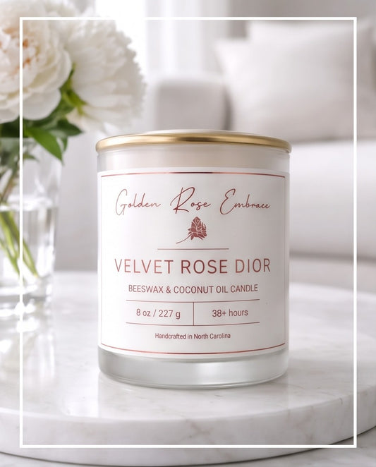 Velvet Rose Dior 8oz Beeswax Candle.
Frosted glass, metallic gold lid, and wood wick.
Notes of Pink Peppercorn, Grapefruit, Plum, Black Rose, Cumin, Vanilla, Patchouli, and Labdanum.
A truly luxurious captivating scent that evokes passion with its dark rose scent and warm, embracing aroma.
Custom beeswax candle blended with organic coconut oil and fragrances infused with clean nontoxic fragrance and natural essential oils. 