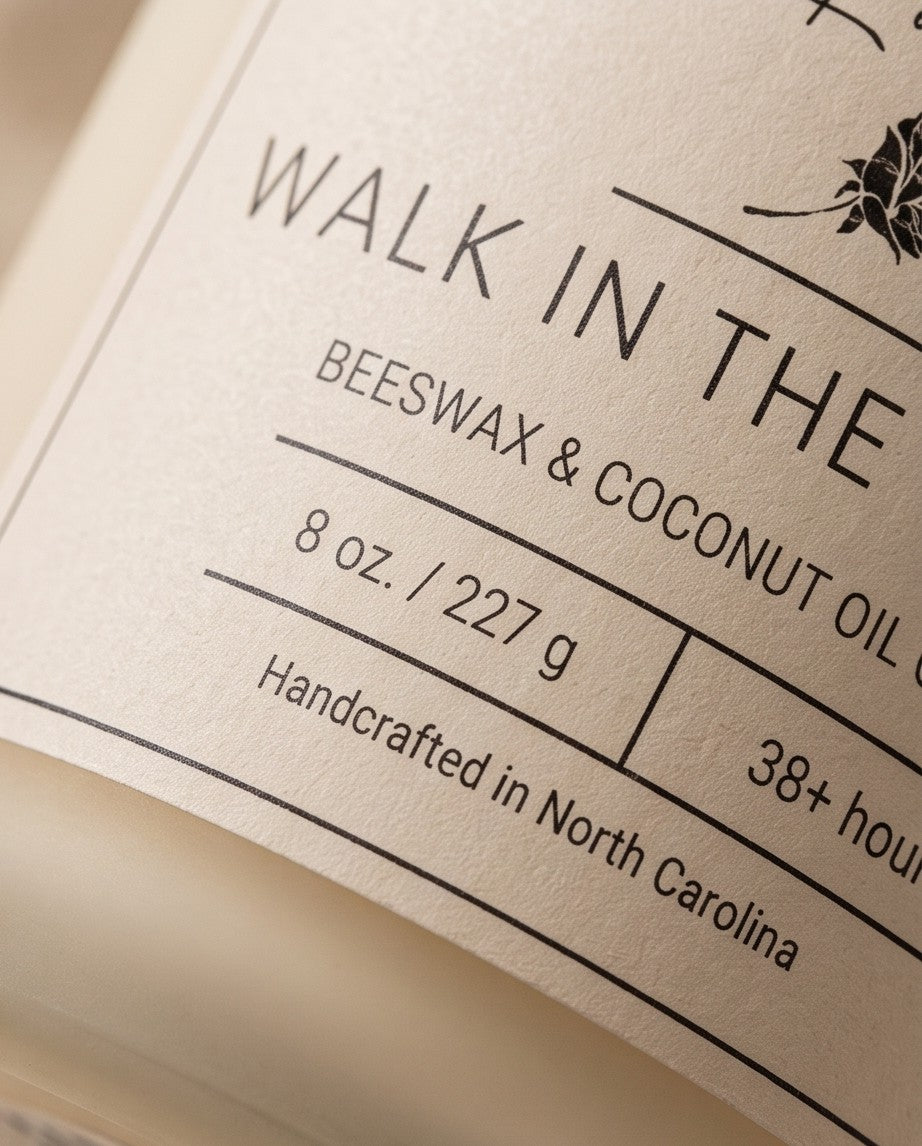 Walk in the Woods 8 oz Beeswax Candle. Frosted Glass Jar. Black Metal lid. WoodWick. 
Notes of Fresh Lavender, Geranium, Warm Mahogany, and Earthy Wood.
Experience the calming ambiance of the woods. An earthy scent of mahogany, lavender, and geranium, evoking a warm and masculine aroma. Perfect for outdoor enthusiasts looking to enhance their senses.
Custom beeswax candle blended with organic coconut oil and fragrances infused with clean nontoxic fragrance and natural essential oils. 